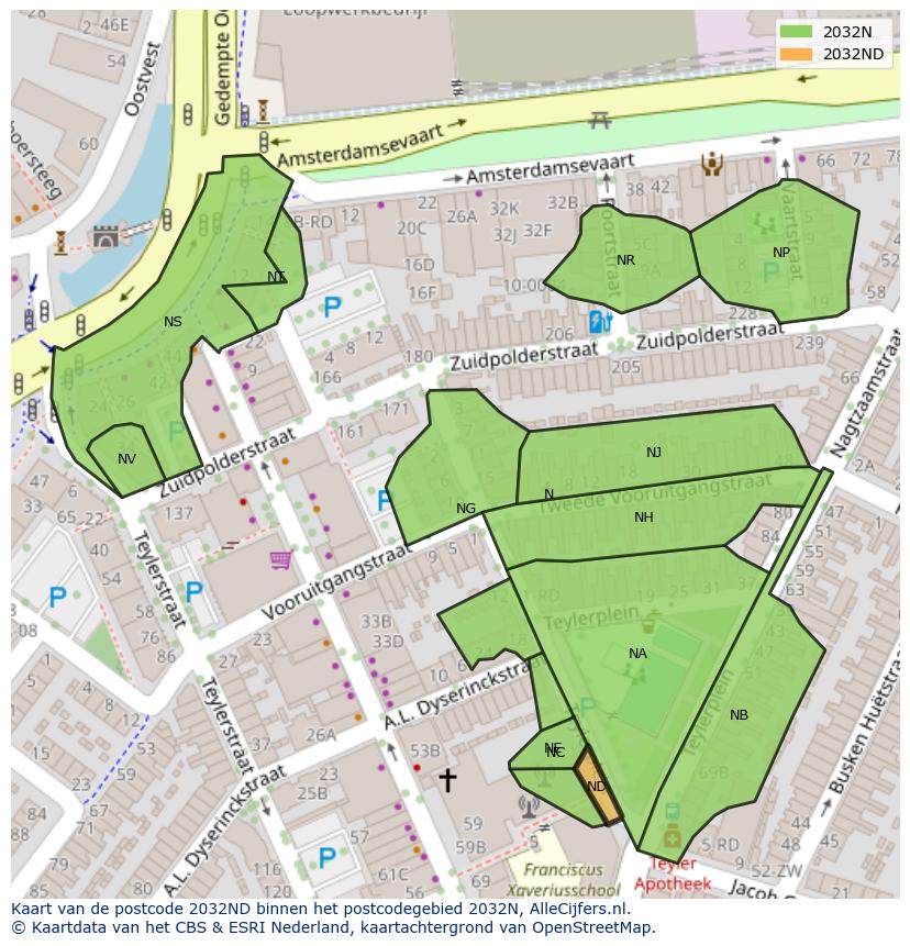 Afbeelding van het postcodegebied 2032 ND op de kaart.