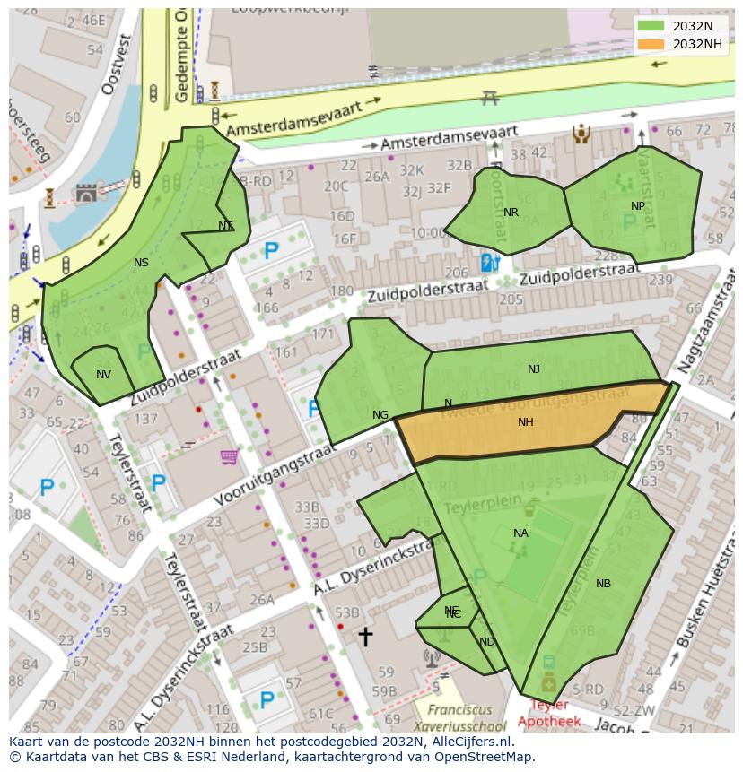 Afbeelding van het postcodegebied 2032 NH op de kaart.