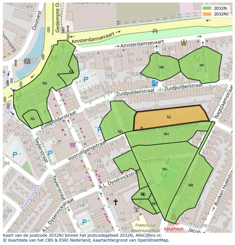 Afbeelding van het postcodegebied 2032 NJ op de kaart.