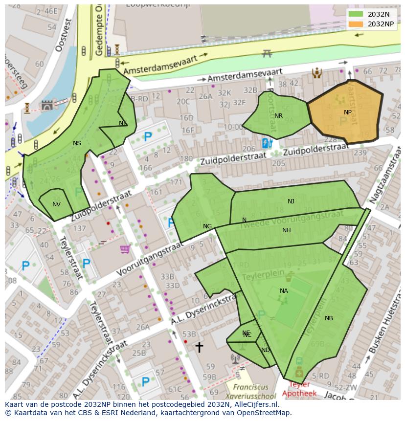 Afbeelding van het postcodegebied 2032 NP op de kaart.