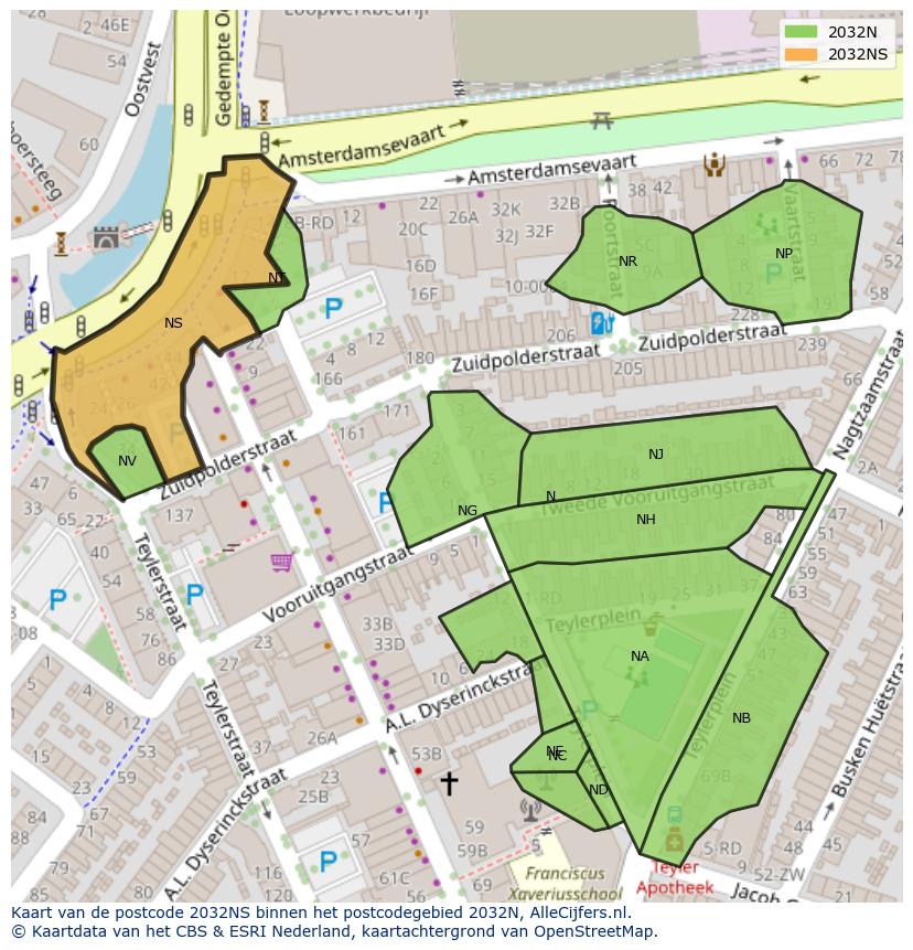 Afbeelding van het postcodegebied 2032 NS op de kaart.