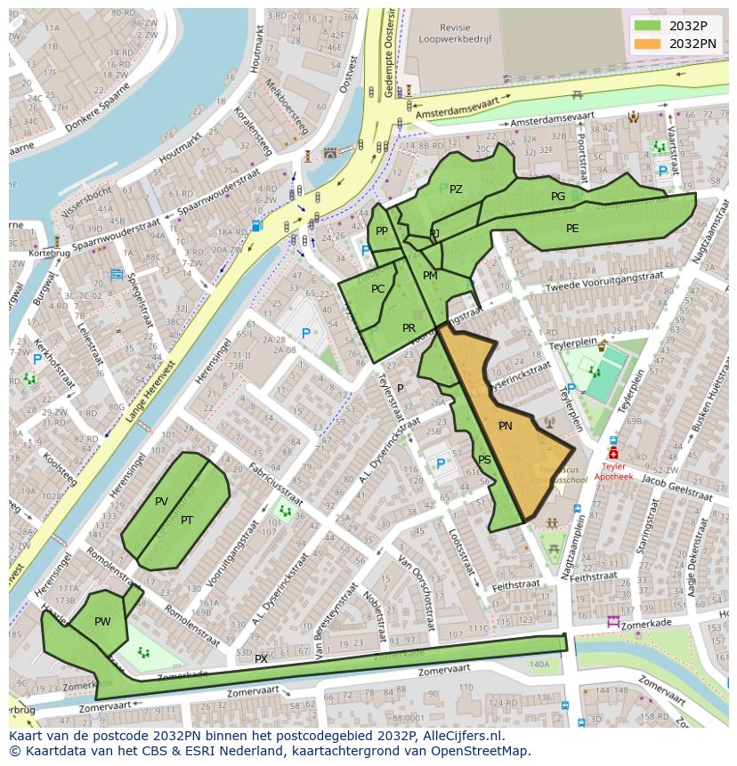 Afbeelding van het postcodegebied 2032 PN op de kaart.