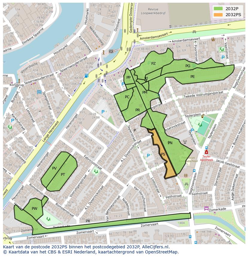 Afbeelding van het postcodegebied 2032 PS op de kaart.