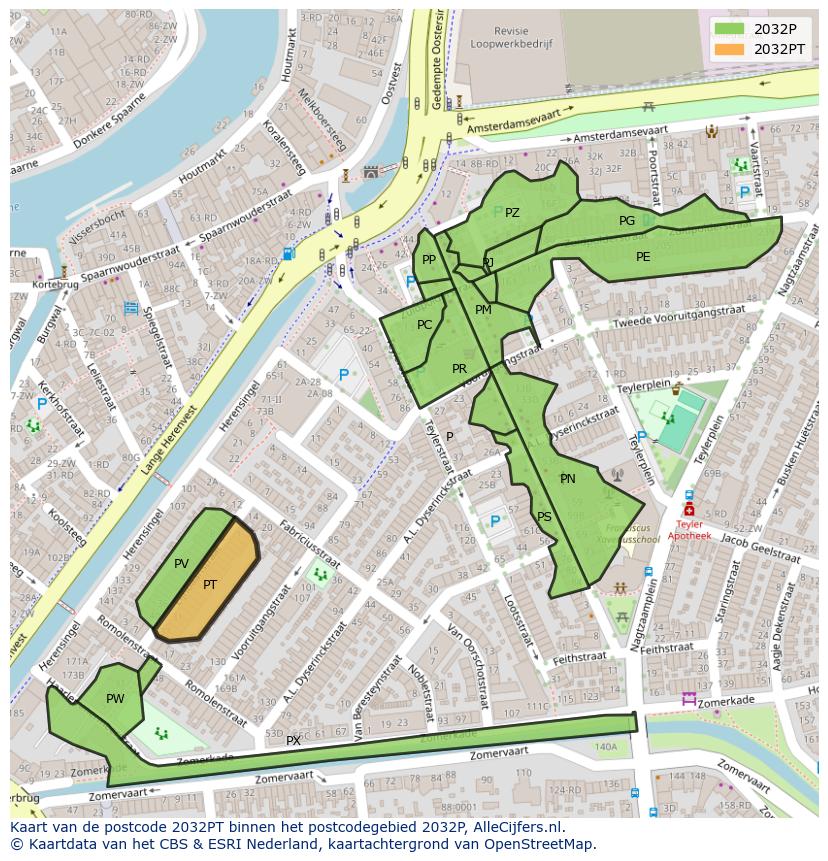 Afbeelding van het postcodegebied 2032 PT op de kaart.