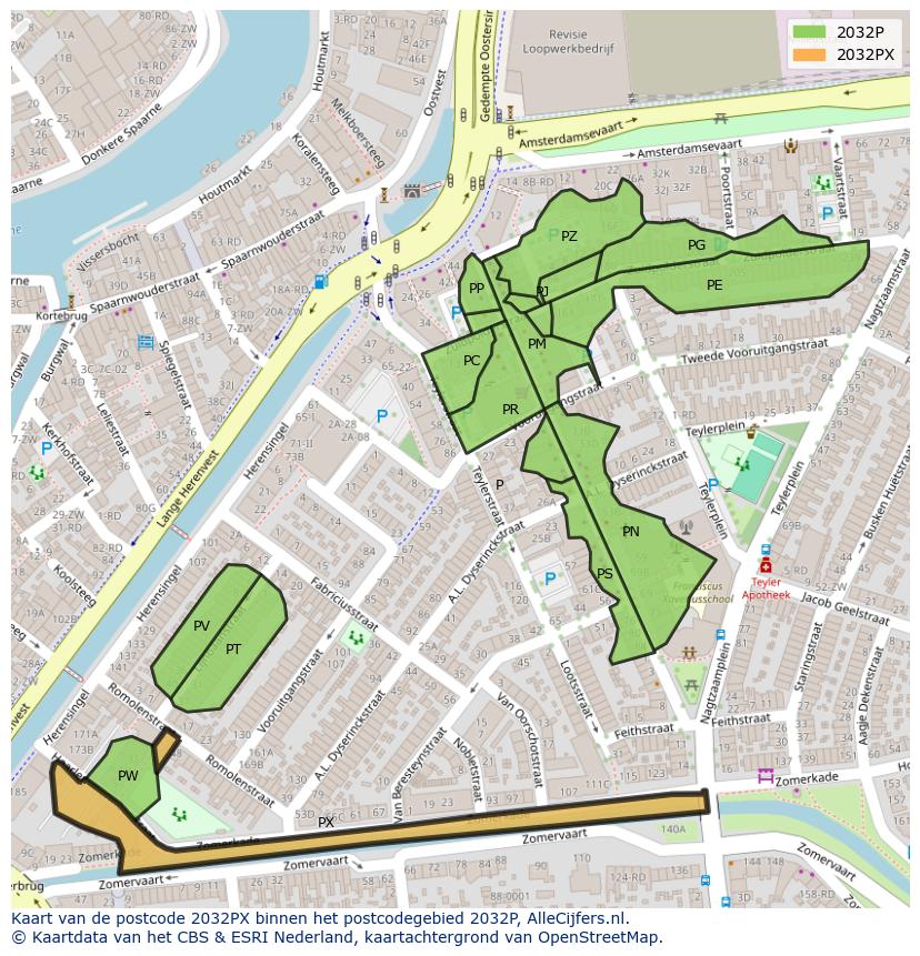 Afbeelding van het postcodegebied 2032 PX op de kaart.