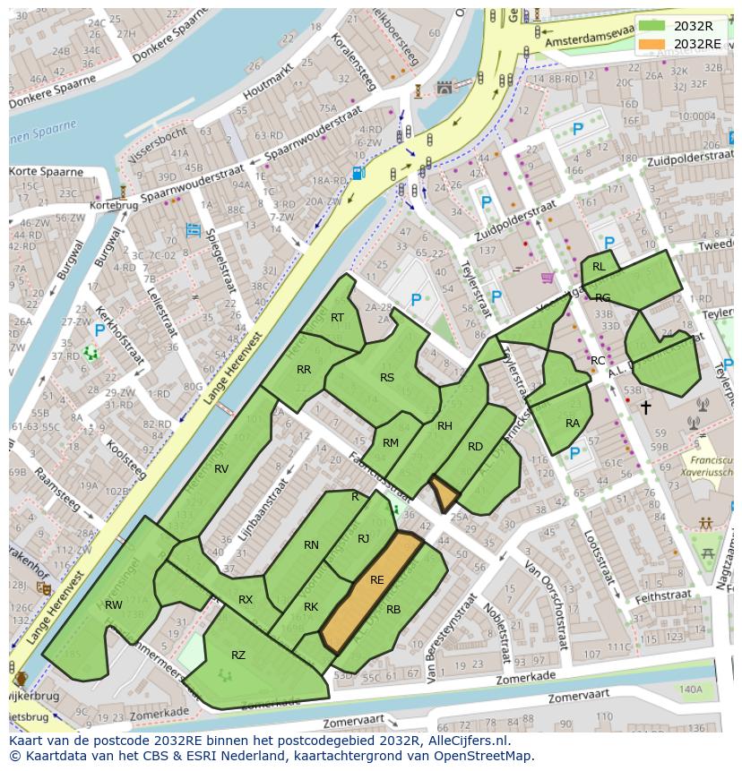 Afbeelding van het postcodegebied 2032 RE op de kaart.