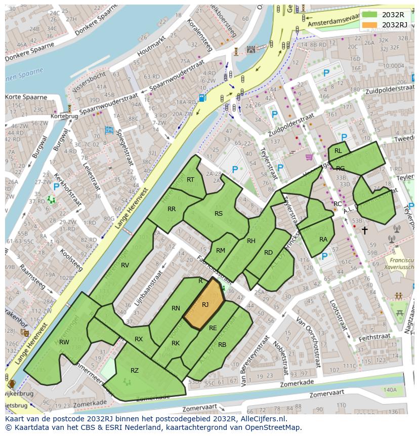 Afbeelding van het postcodegebied 2032 RJ op de kaart.