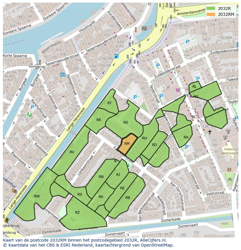 Afbeelding van het postcodegebied 2032 RM op de kaart.