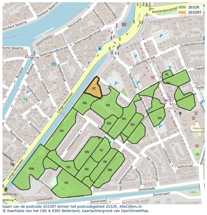 Afbeelding van het postcodegebied 2032 RT op de kaart.