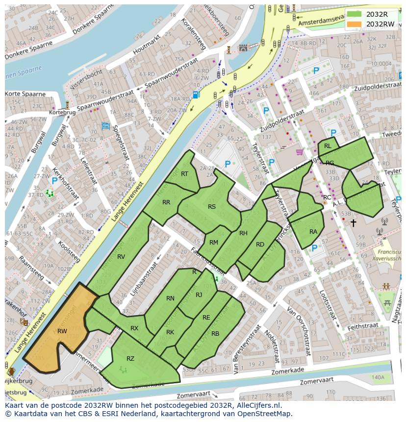 Afbeelding van het postcodegebied 2032 RW op de kaart.