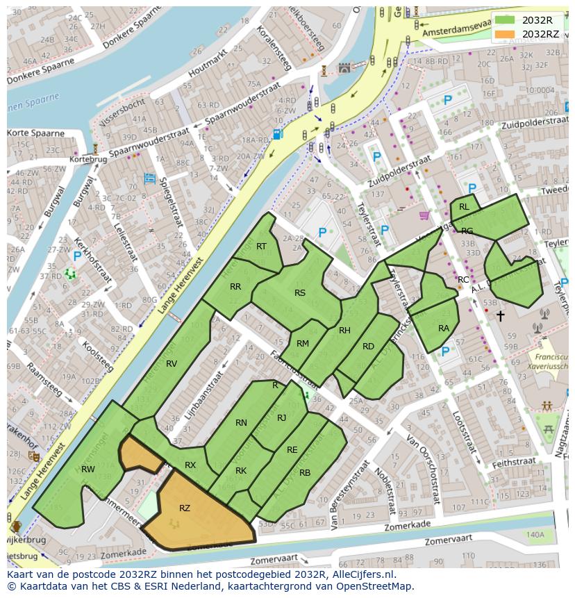 Afbeelding van het postcodegebied 2032 RZ op de kaart.