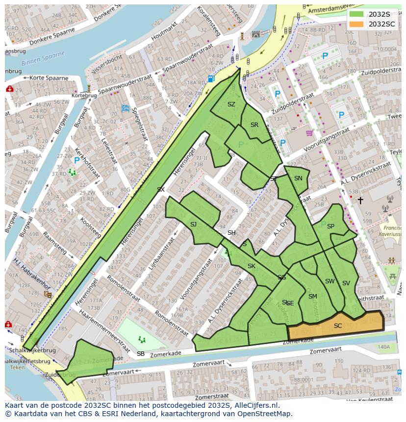 Afbeelding van het postcodegebied 2032 SC op de kaart.