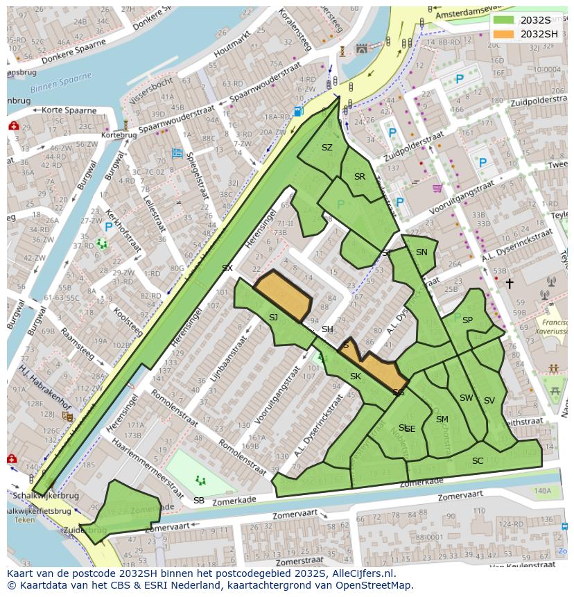 Afbeelding van het postcodegebied 2032 SH op de kaart.