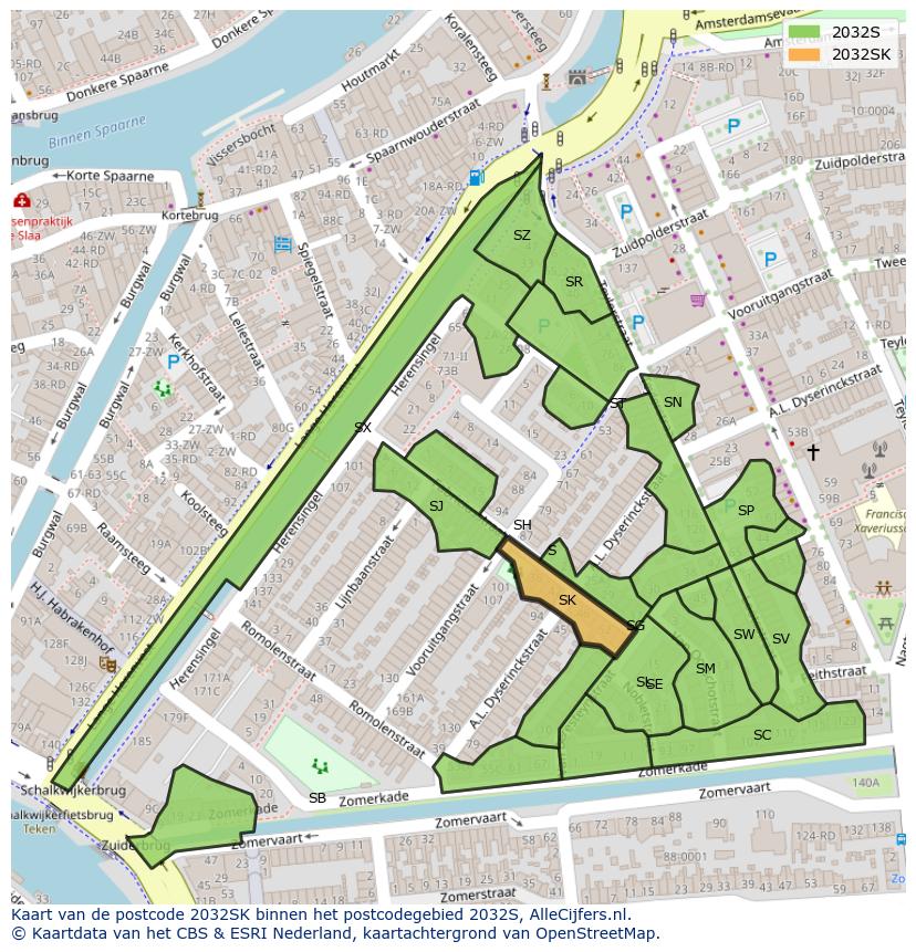 Afbeelding van het postcodegebied 2032 SK op de kaart.