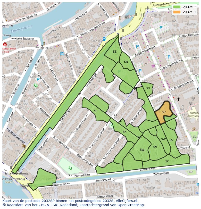 Afbeelding van het postcodegebied 2032 SP op de kaart.