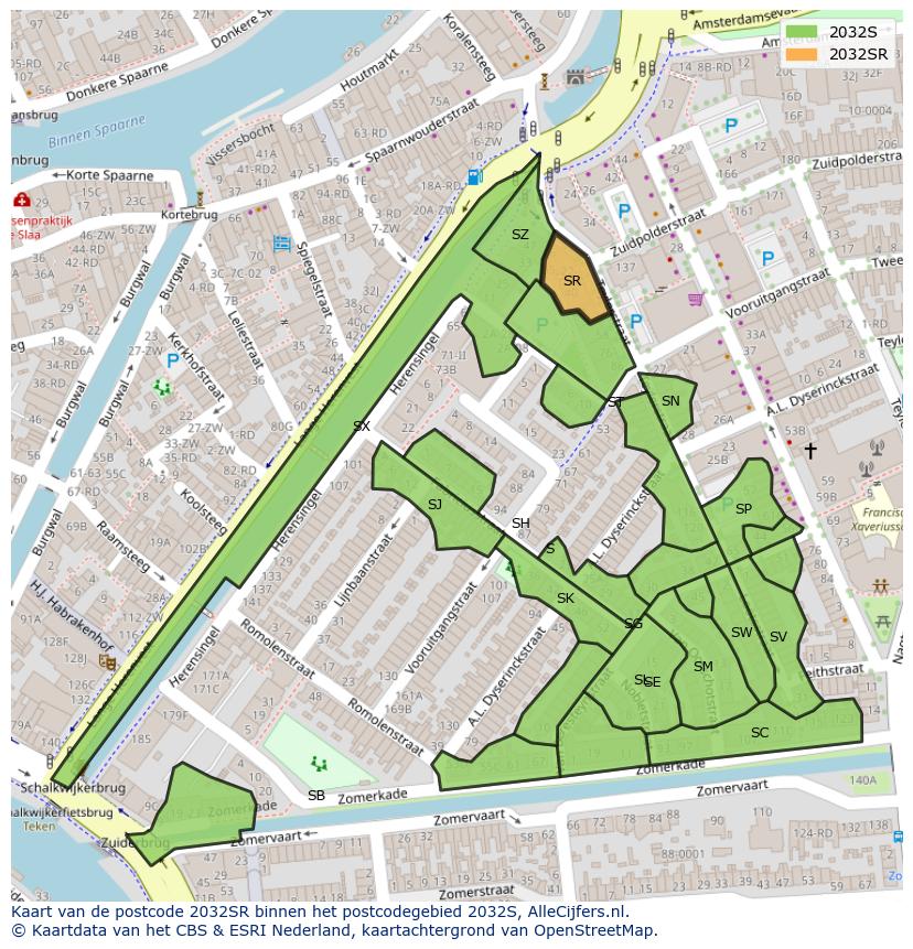 Afbeelding van het postcodegebied 2032 SR op de kaart.