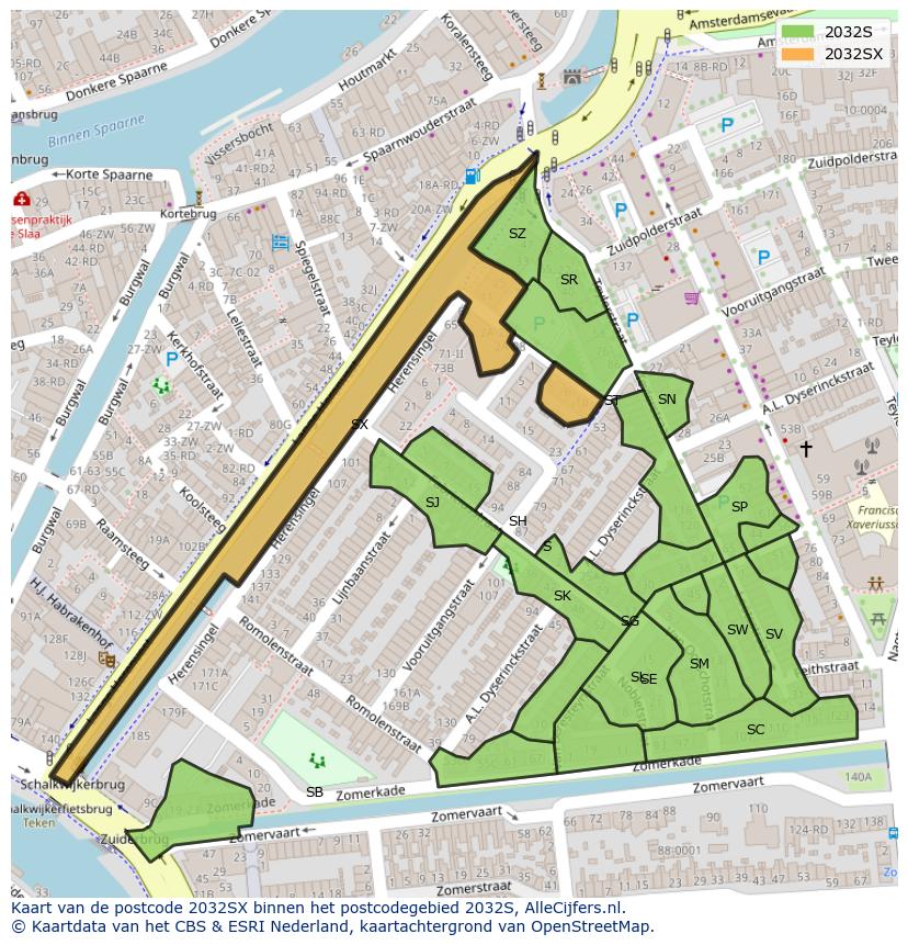 Afbeelding van het postcodegebied 2032 SX op de kaart.