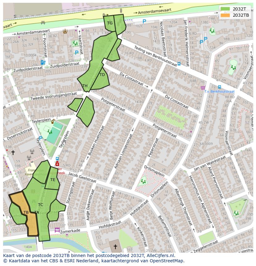 Afbeelding van het postcodegebied 2032 TB op de kaart.
