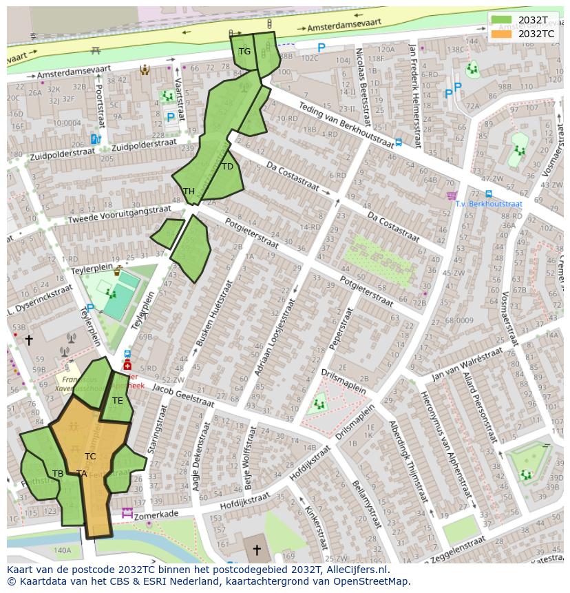 Afbeelding van het postcodegebied 2032 TC op de kaart.