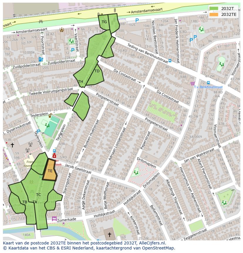 Afbeelding van het postcodegebied 2032 TE op de kaart.