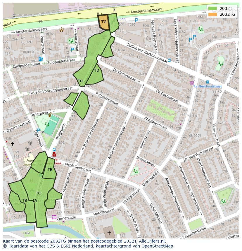 Afbeelding van het postcodegebied 2032 TG op de kaart.