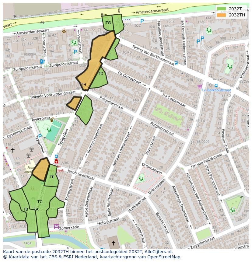 Afbeelding van het postcodegebied 2032 TH op de kaart.
