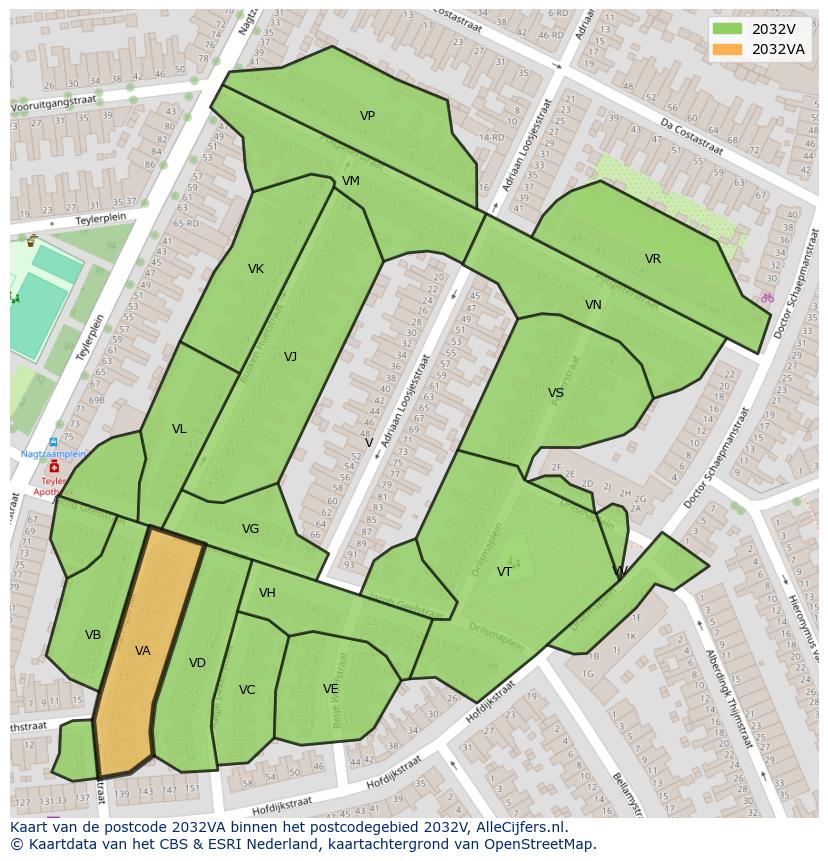 Afbeelding van het postcodegebied 2032 VA op de kaart.