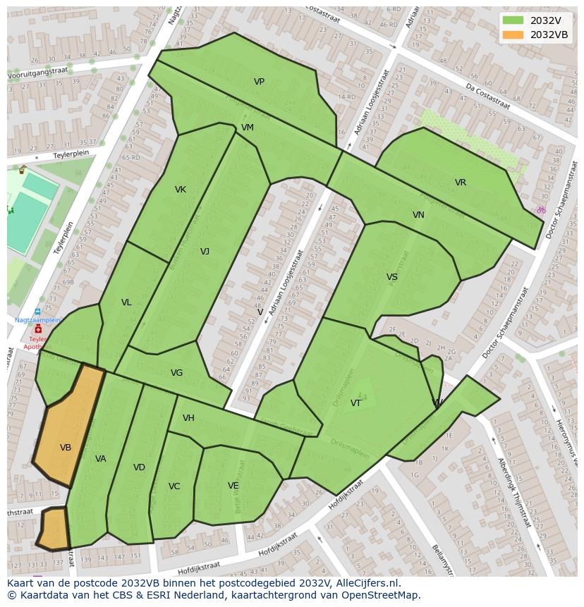 Afbeelding van het postcodegebied 2032 VB op de kaart.