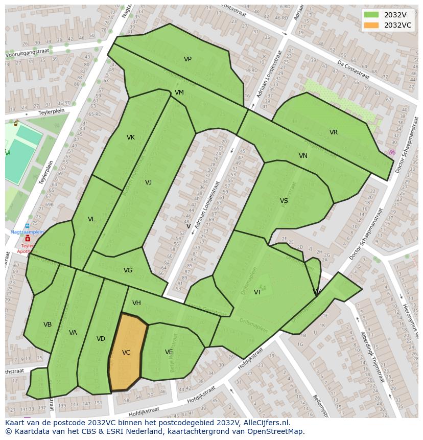 Afbeelding van het postcodegebied 2032 VC op de kaart.