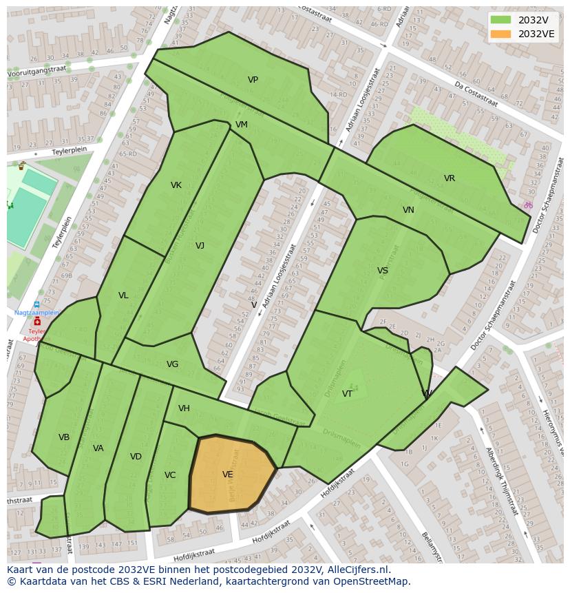 Afbeelding van het postcodegebied 2032 VE op de kaart.