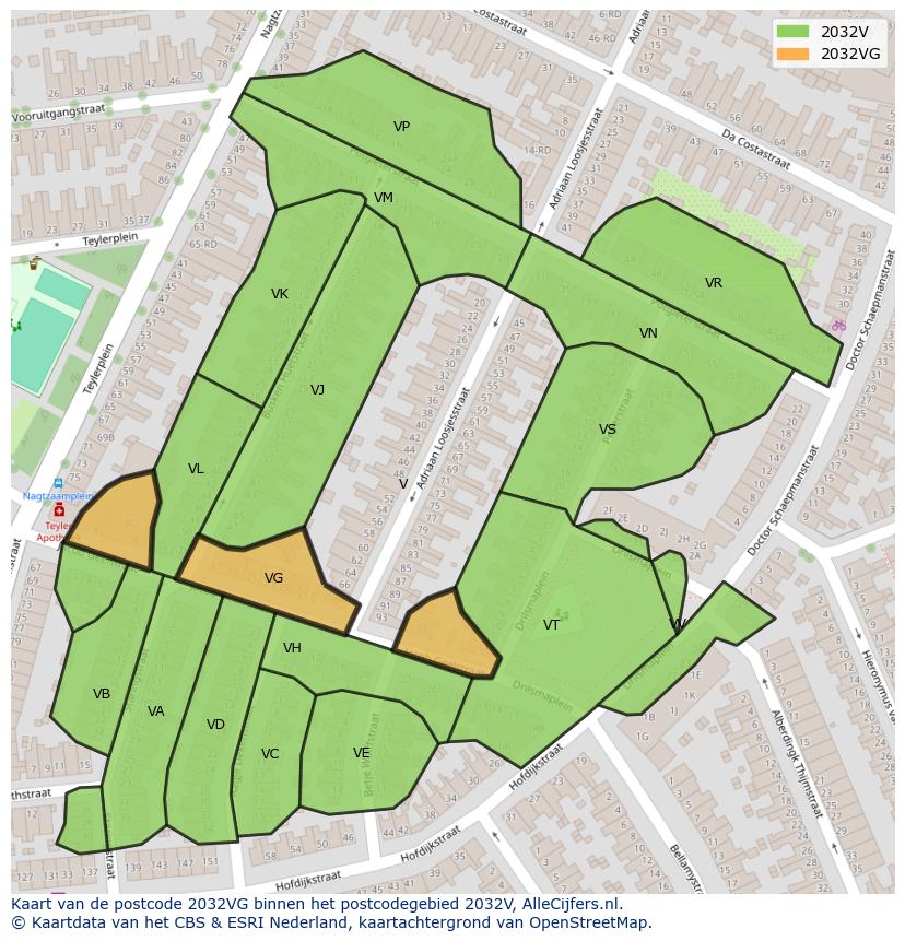 Afbeelding van het postcodegebied 2032 VG op de kaart.