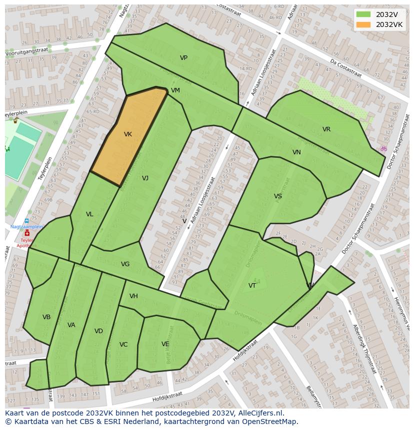 Afbeelding van het postcodegebied 2032 VK op de kaart.