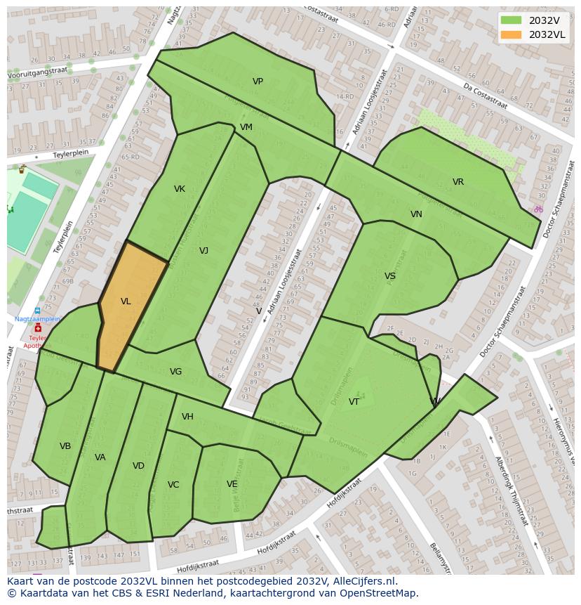 Afbeelding van het postcodegebied 2032 VL op de kaart.