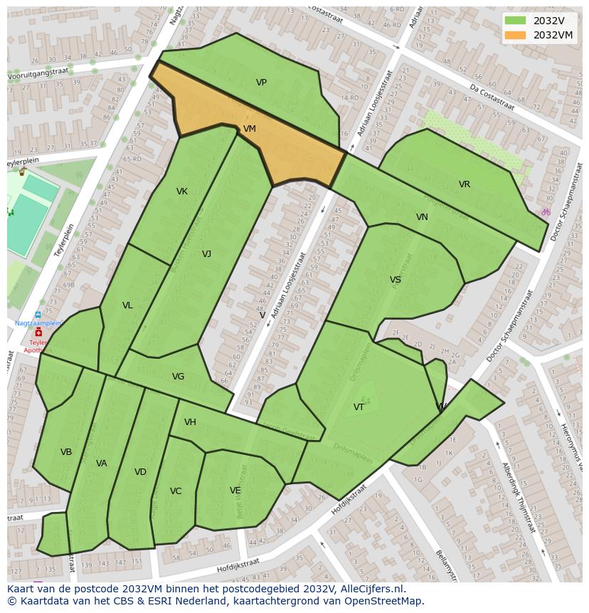 Afbeelding van het postcodegebied 2032 VM op de kaart.