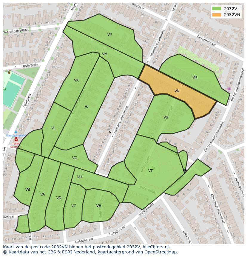 Afbeelding van het postcodegebied 2032 VN op de kaart.