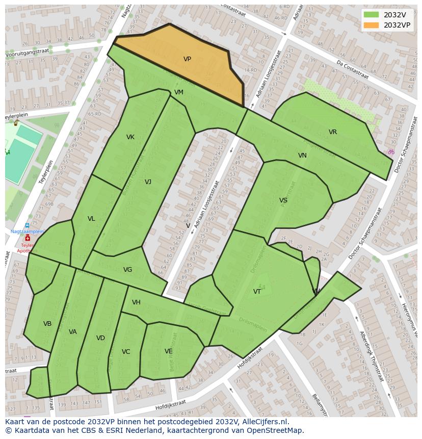 Afbeelding van het postcodegebied 2032 VP op de kaart.