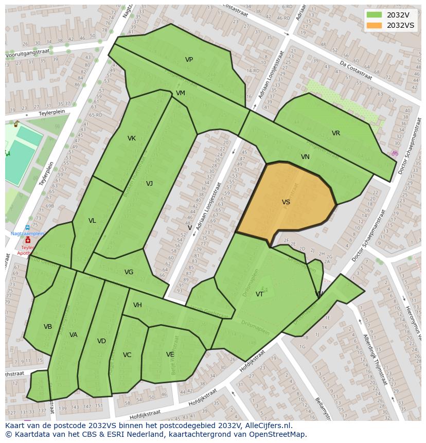 Afbeelding van het postcodegebied 2032 VS op de kaart.