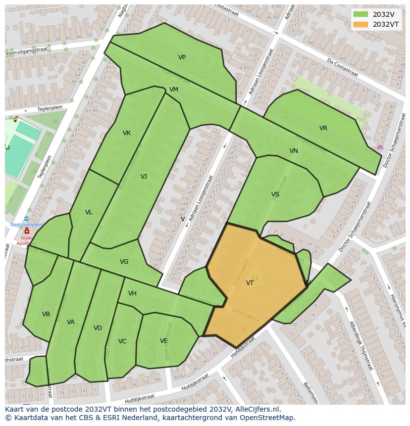 Afbeelding van het postcodegebied 2032 VT op de kaart.