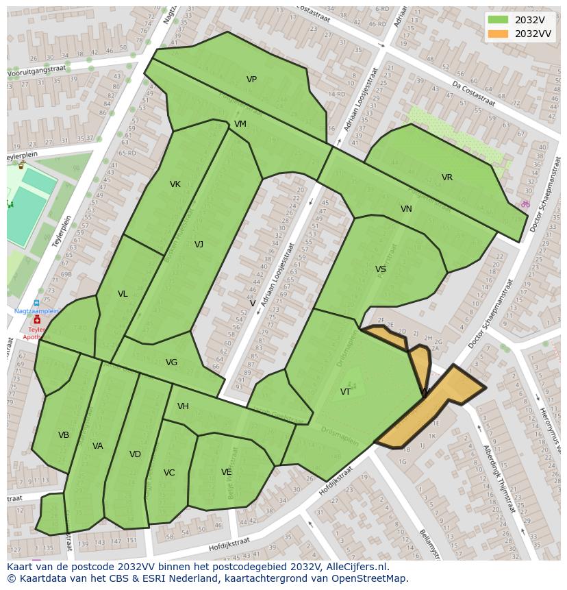 Afbeelding van het postcodegebied 2032 VV op de kaart.