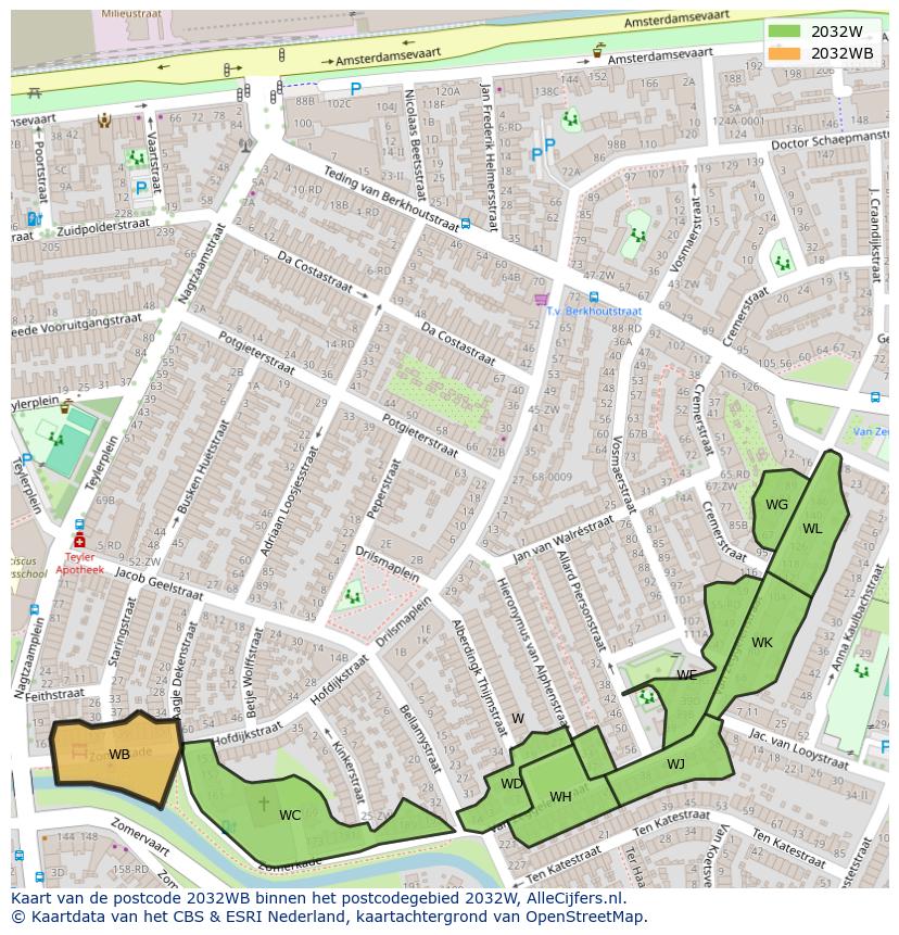 Afbeelding van het postcodegebied 2032 WB op de kaart.