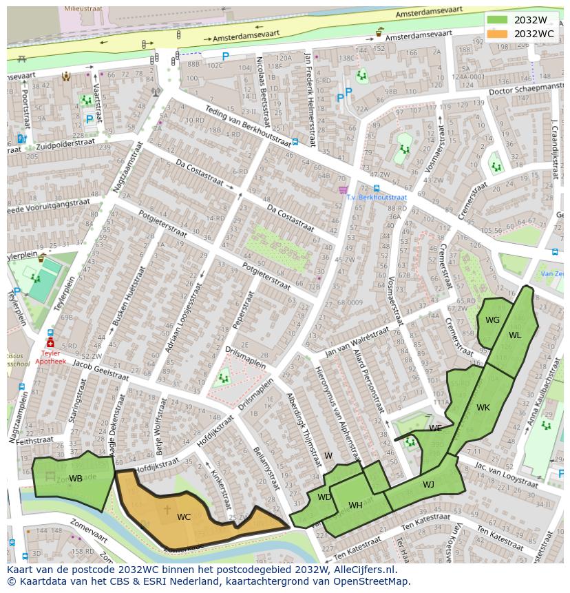 Afbeelding van het postcodegebied 2032 WC op de kaart.