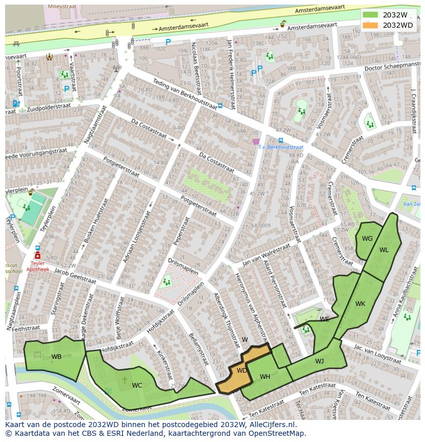 Afbeelding van het postcodegebied 2032 WD op de kaart.