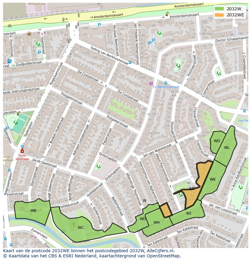 Afbeelding van het postcodegebied 2032 WE op de kaart.