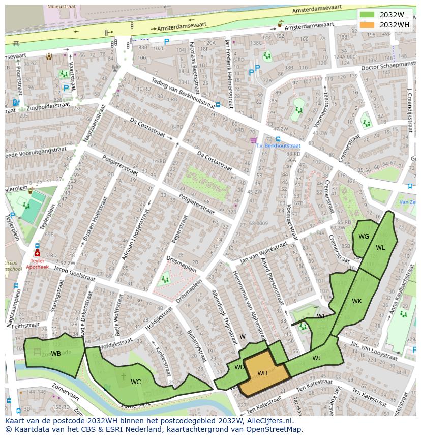 Afbeelding van het postcodegebied 2032 WH op de kaart.
