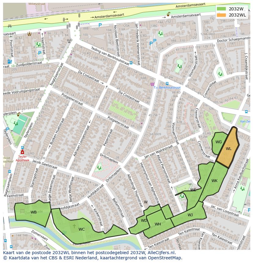 Afbeelding van het postcodegebied 2032 WL op de kaart.