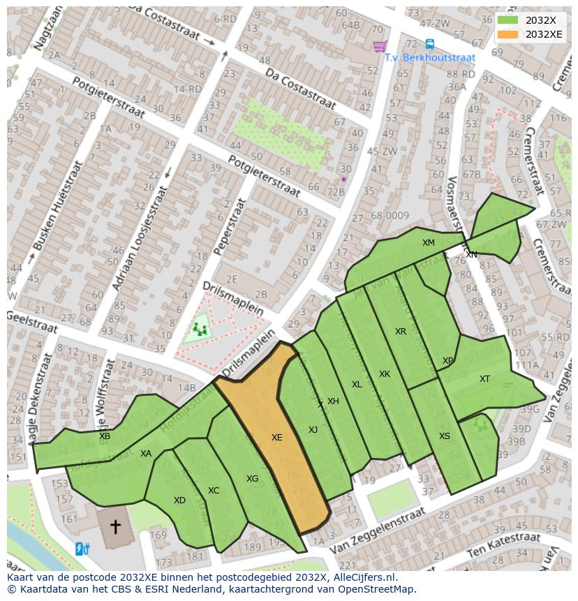 Afbeelding van het postcodegebied 2032 XE op de kaart.