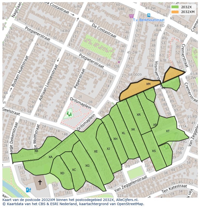 Afbeelding van het postcodegebied 2032 XM op de kaart.