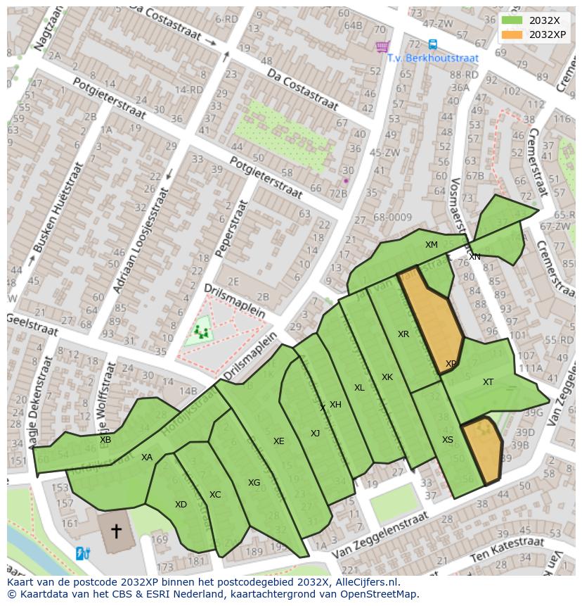 Afbeelding van het postcodegebied 2032 XP op de kaart.