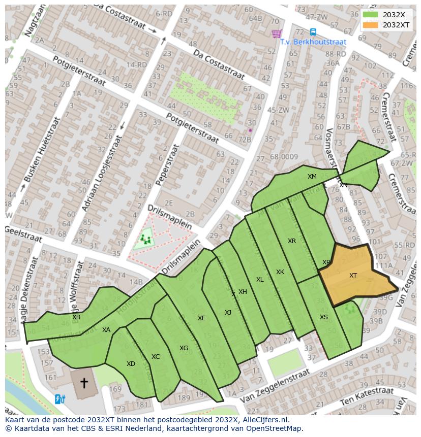Afbeelding van het postcodegebied 2032 XT op de kaart.