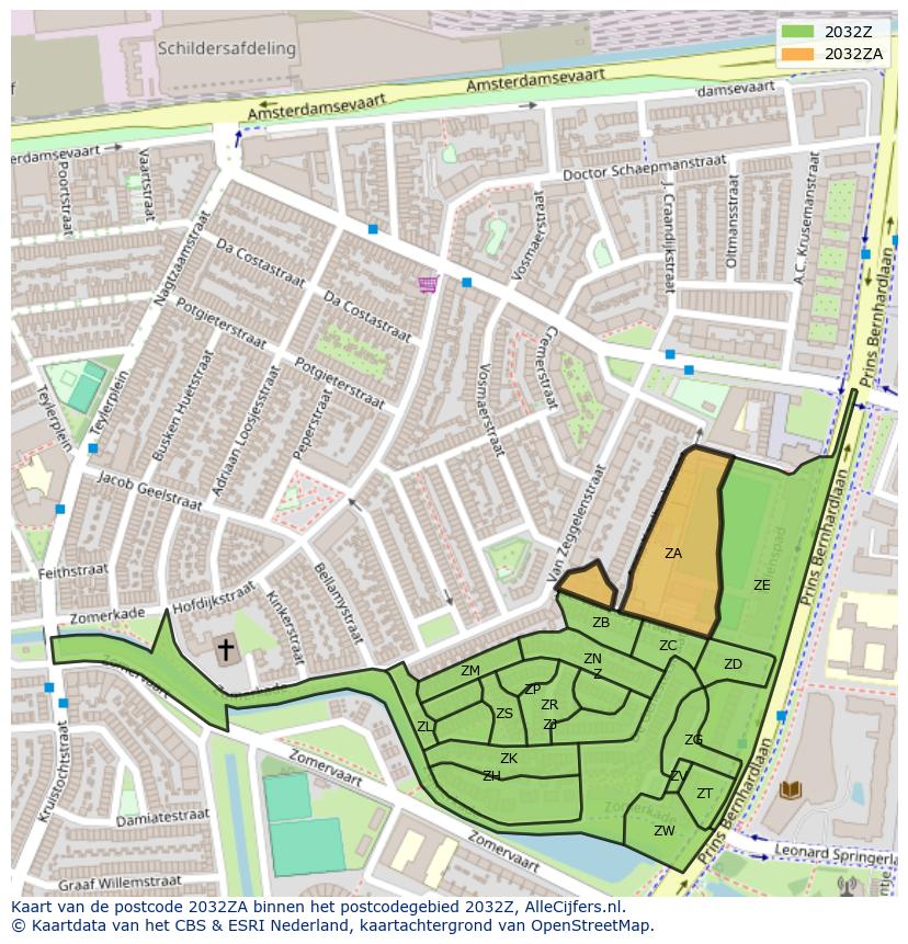 Afbeelding van het postcodegebied 2032 ZA op de kaart.